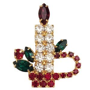 Prong Set Christmas Red Clear Green Rhinestone Candle Pin E153